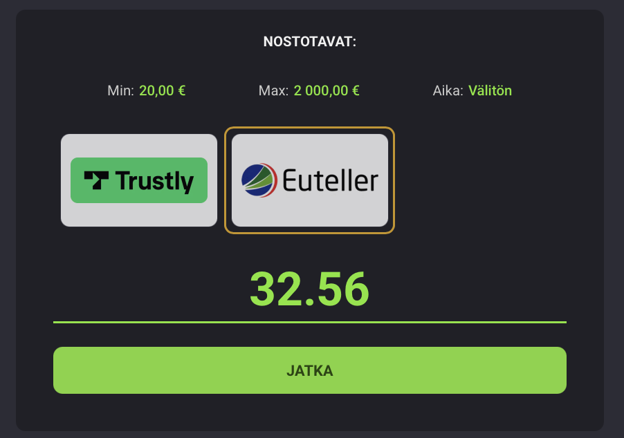 32,56 euron kotiutus Siirto kotiutus Eutellerin kautta.