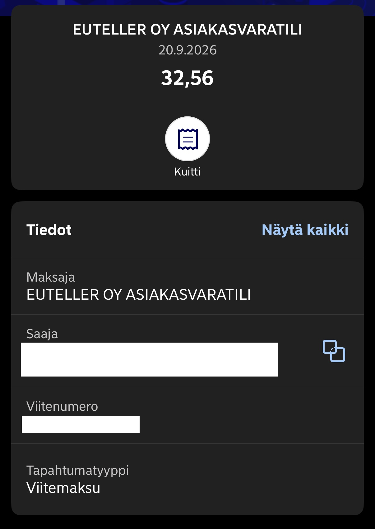 32,56 euron Siirto kasino kotiutus ja sen saapuminen Nordeaan.